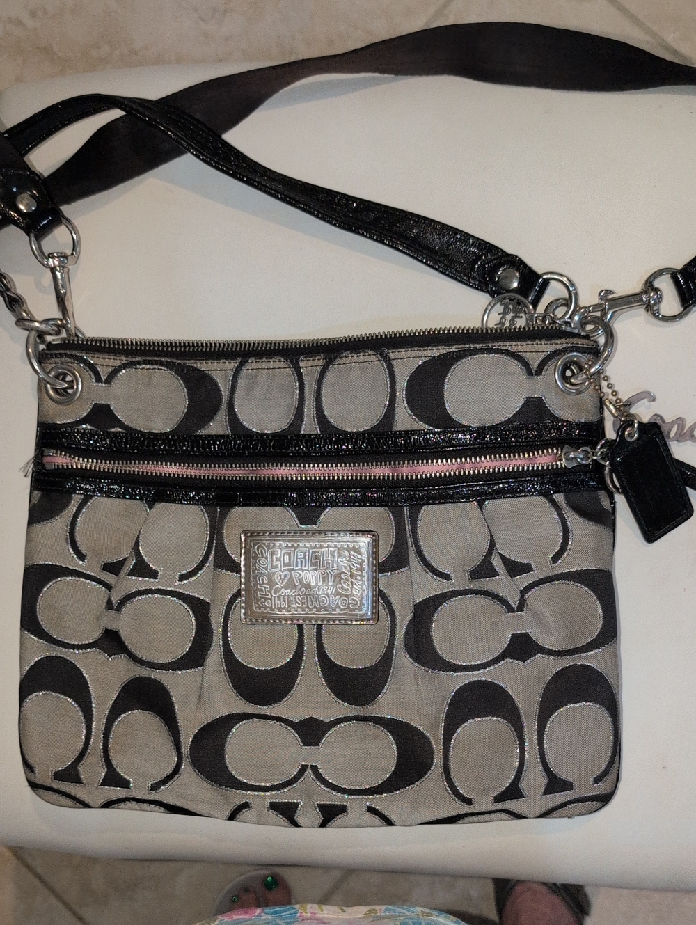 Coach Black and Silver Metallic Thread Poppy Signature Crossbody Bag #17047